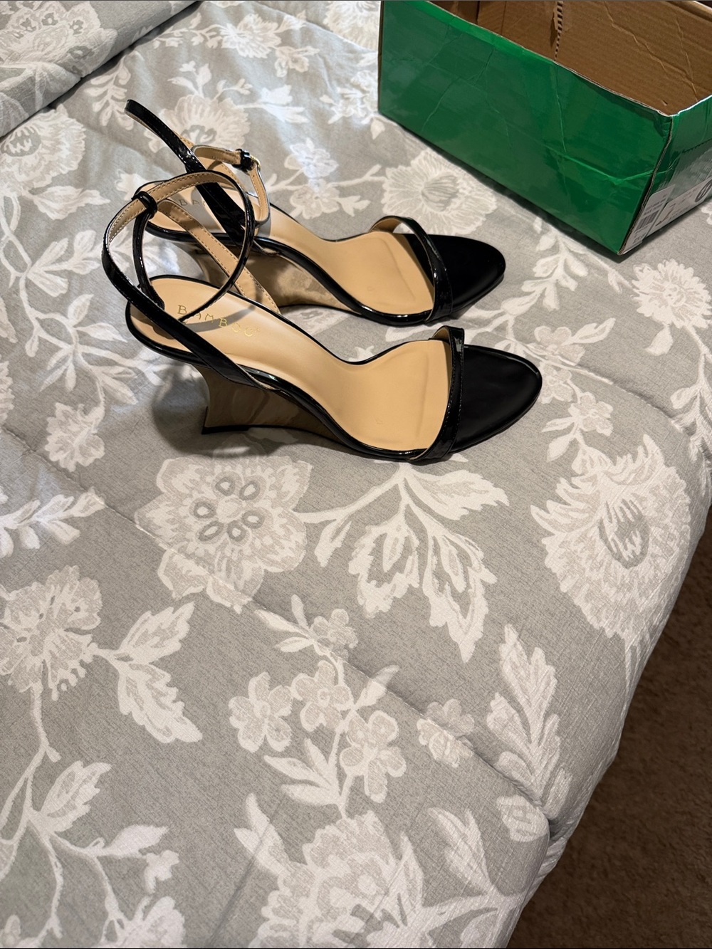 BAMBOO Black Patent Open-Toe Ankle Strap Wedge Sandals